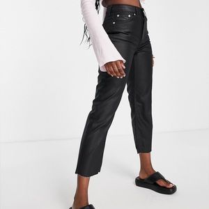 Topshop Black Coated Straight Leg Cropped Raw Hem Jeans Size 28